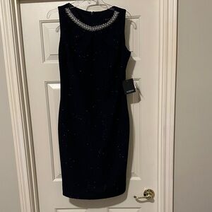 Marina Navy Dress with Pearl Embellished Neckline